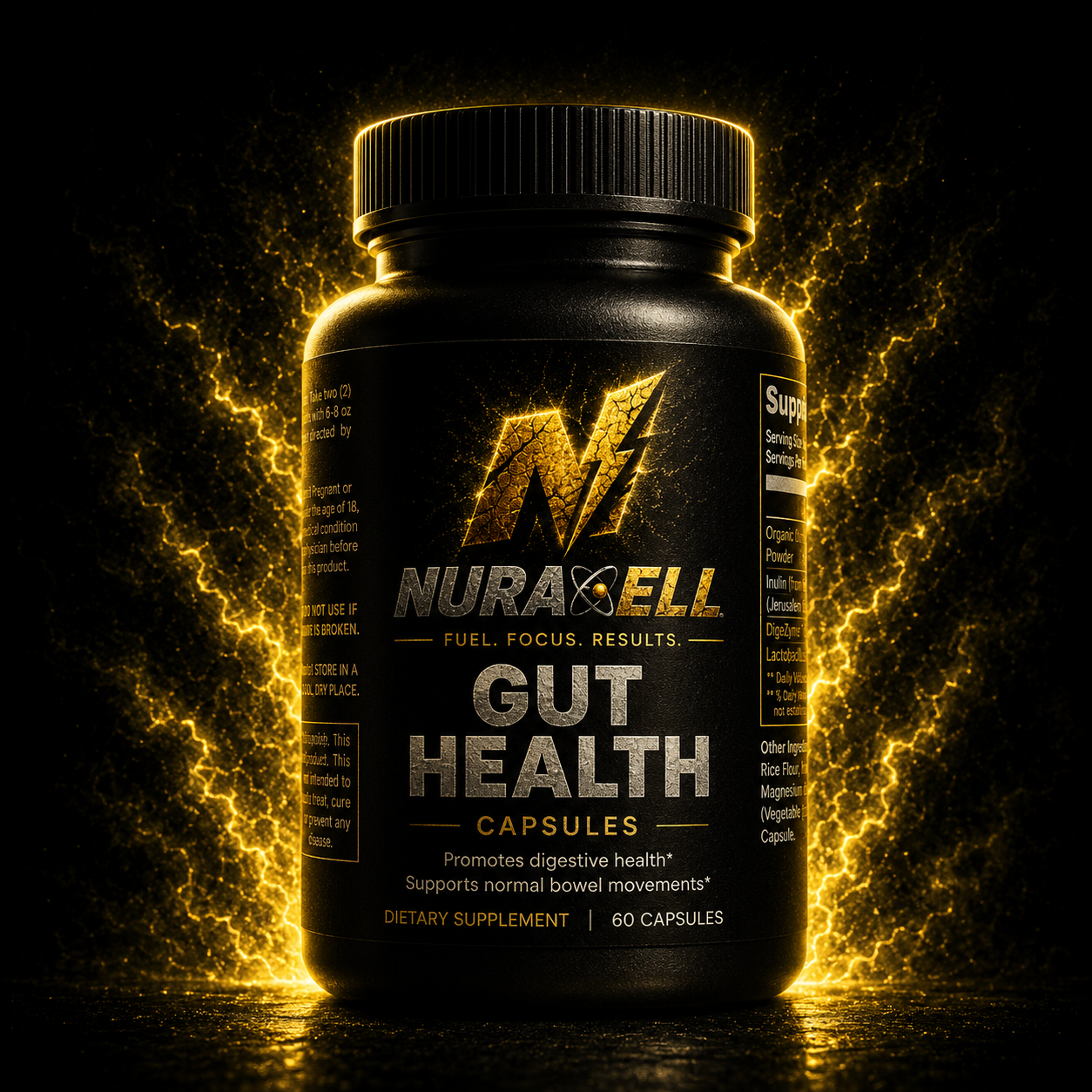 Nuracell Gut Health bottle with electric gold glow