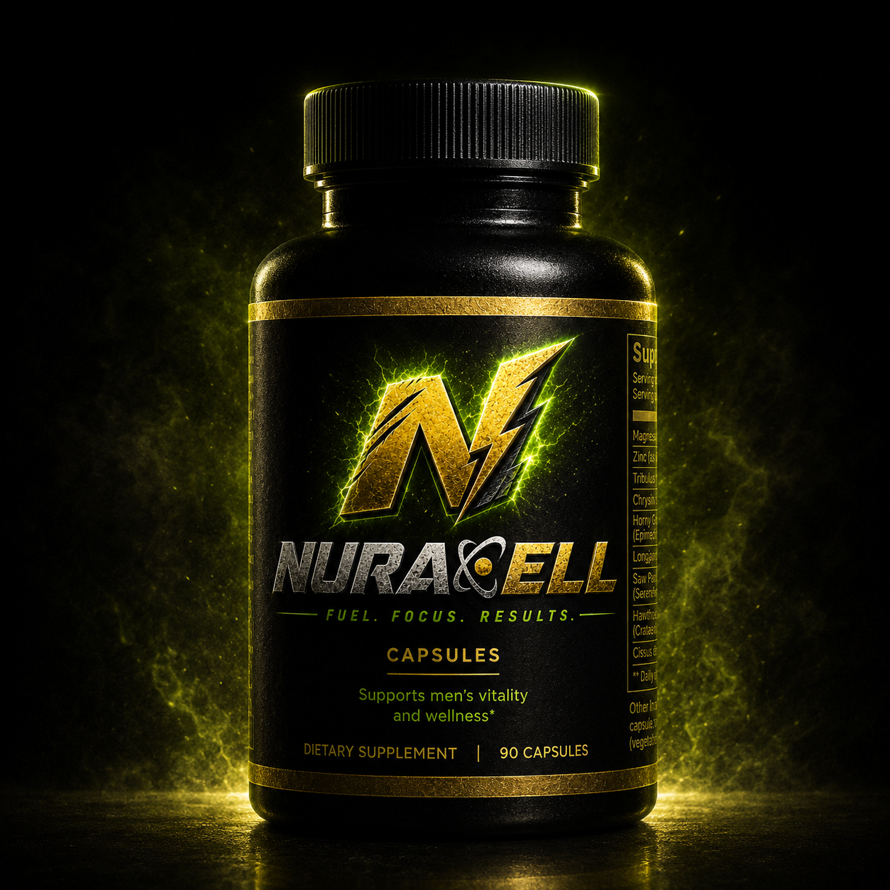 Nuracell capsules bottle with black and gold label