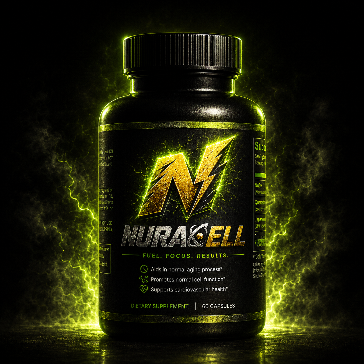 Nuracell vitality capsules bottle with green electric glow